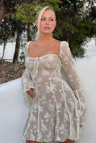A-Line Lace Mini Dress, Flute Long Sleeve Lace Dress