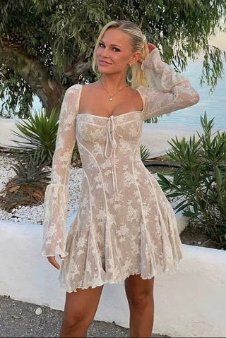 A-Line Lace Mini Dress, Flute Long Sleeve Lace Dress
