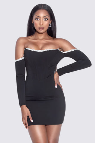 Off-Shoulder Rhinestone Corset Mini Dress