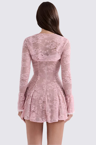 2 Pcs A-Line Contrast Lace Mini Dress w/ Detachable Long Sleeve Shrug