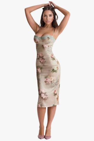 Lace Trim Sweetheart Floral Bodycon Midi Dress