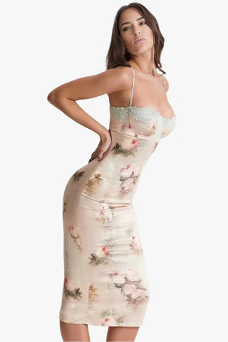Lace Trim Sweetheart Floral Bodycon Midi Dress