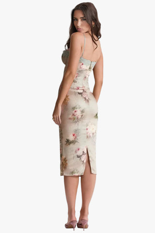 Lace Trim Sweetheart Floral Bodycon Midi Dress