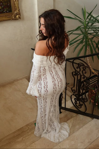 Flute Sleeve Off Shoulder Lace Dress, Long Lace Maxi 