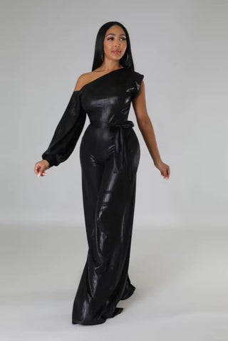 Off Shoulder Puff Sleeve Wide Leg Leather Jumpsuit