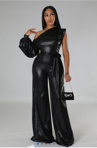 Off Shoulder Puff Sleeve Wide Leg Leather Jumpsuit