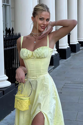 Spaghetti Strap Milkmaid Midi Dress, High Slit Corset Dress