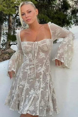 A-Line Lace Mini Dress, Flute Long Sleeve Lace Dress