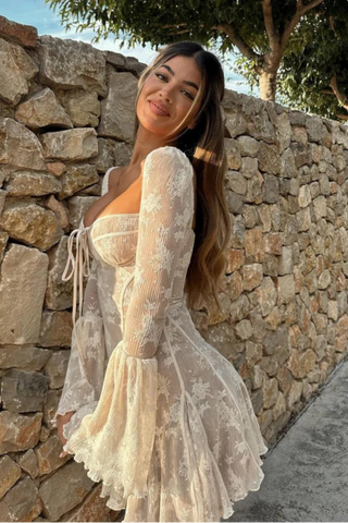 A-Line Long Flute Sleeves Lace Mini Dress