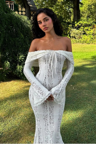 Flute Sleeve Off Shoulder Lace Dress, Long Lace Maxi 