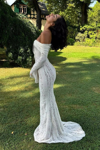 Flute Sleeve Off Shoulder Lace Dress, Long Lace Maxi 