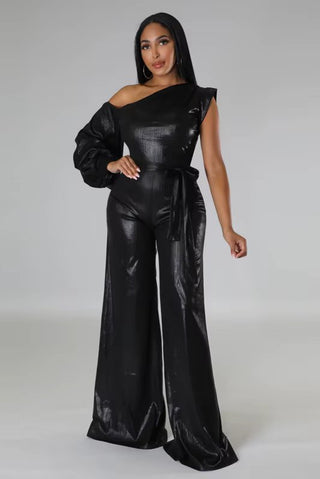 Off Shoulder Puff Sleeve Wide Leg Leather Jumpsuit