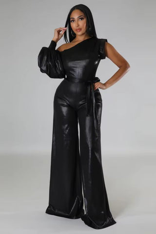 Off Shoulder Puff Sleeve Wide Leg Leather Jumpsuit