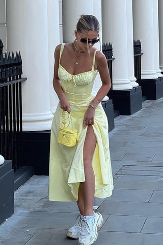 Spaghetti Strap Milkmaid Midi Dress, High Slit Corset Dress