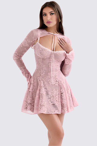  A-Line Contrast Lace Mini Dress w/ Detachable Long Sleeve Shrug