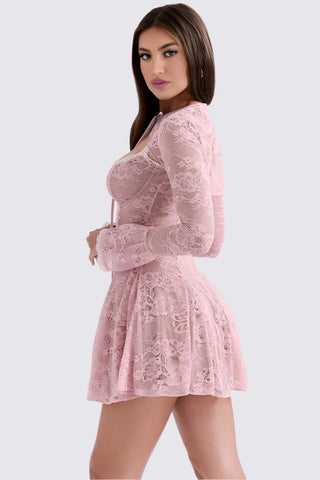  A-Line Contrast Lace Mini Dress w/ Detachable Long Sleeve Shrug