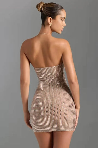 All Over Rhinestone Mini Dress, Hotfix Embellished Halter Dress