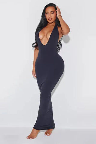 Backless Halter Dress, Plunging Bodycon Maxi Dress