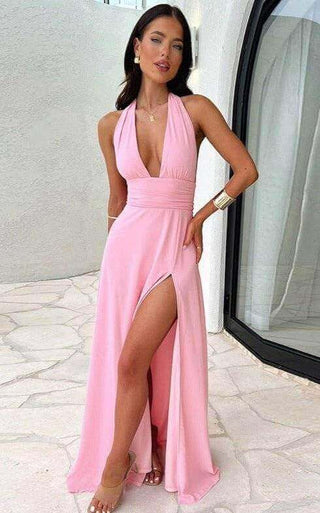 High Slits Backless Plunging  Halter Maxi Dress
