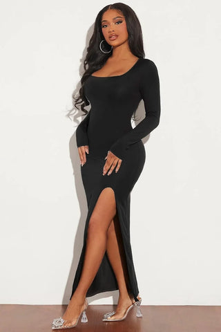 Long Sleeve Bodycon Maxi Dress, Tight High Slit Dress