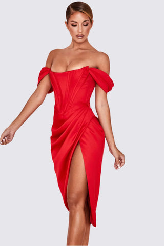 Knee Length Draped Off Shoulder Corset Dress w/ High Slit