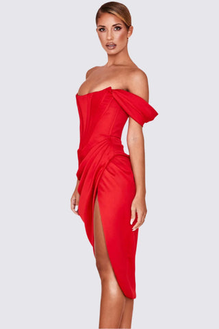 Knee Length Draped Off Shoulder Corset Dress w/ High Slit