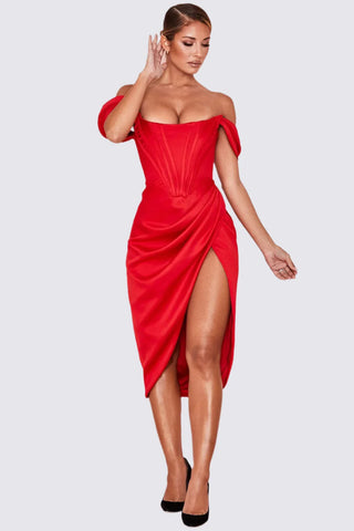 Knee Length Draped Off Shoulder Corset Dress w/ High Slit