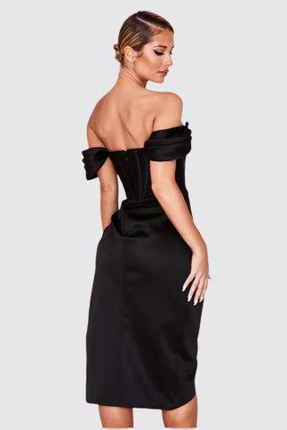 Knee Length Draped Off Shoulder Corset Dress w/ High Slit
