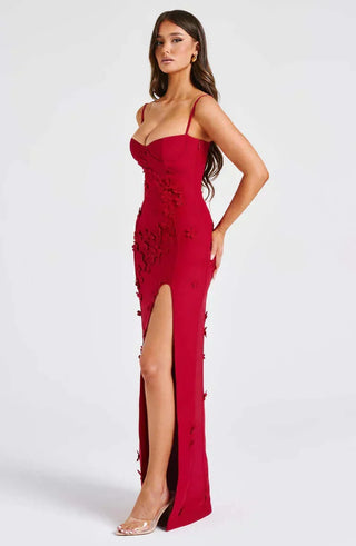 Floral Embroidered Maxi Dress, High Slit Dress