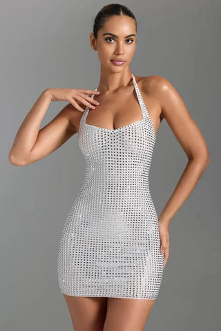 All Over Rhinestone Mini Dress, Hotfix Embellished Halter Dress