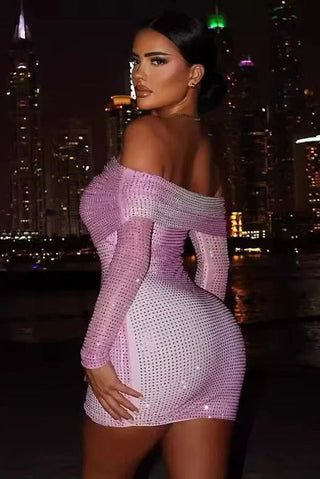 Off Shoulder Embellished Mini Dress, Long Sleeve Sparkly Bodycon Dress