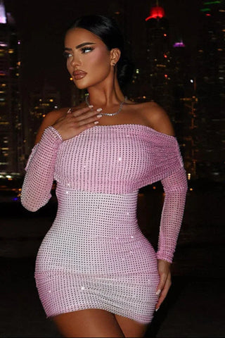 Off Shoulder Embellished Mini Dress, Long Sleeve Sparkly Bodycon Dress