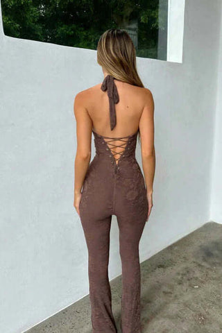 Lace Detailing Sleeveless Plunging Jumpsuit