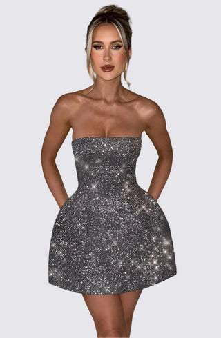 A-Line Sparkly Mini Dress, Strapless Embellished Dress