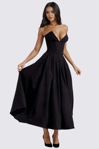 A-Line Deep-V Maxi Strapless Corset Dress with Pockets