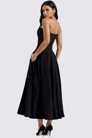 A-Line Deep-V Maxi Strapless Corset Dress with Pockets