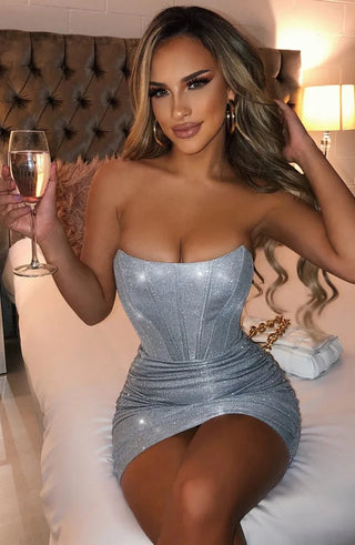 Strapless Glitter Mini Dress, Ruched Embellished Dress